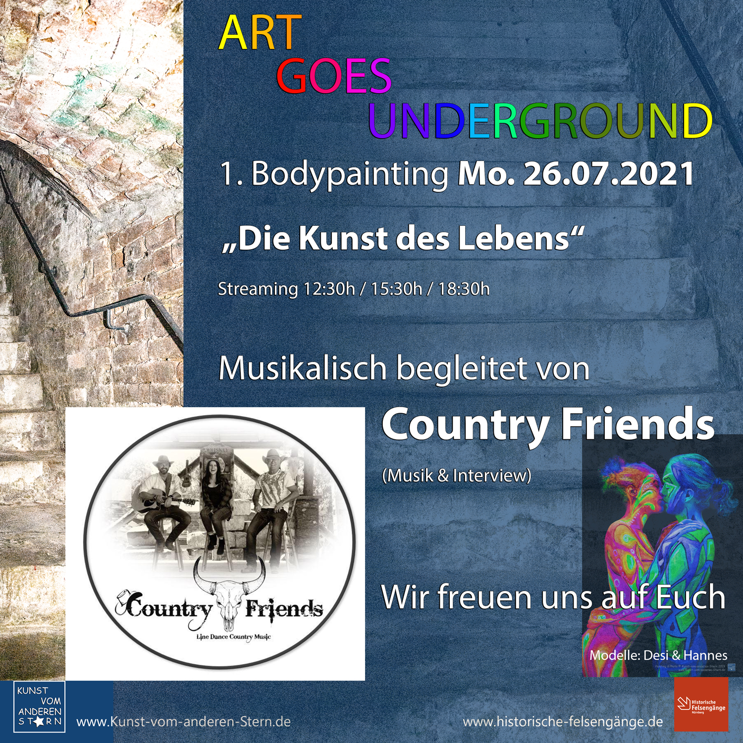 Bodypainting-Projekt 2021 – Art goes underground- 1. Bodypainting 26.07.2021 mit den „Country Friends“